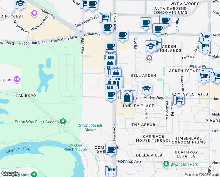 map of restaurants, bars, coffee shops, grocery stores, and more near 1337 Howe Avenue in Sacramento
