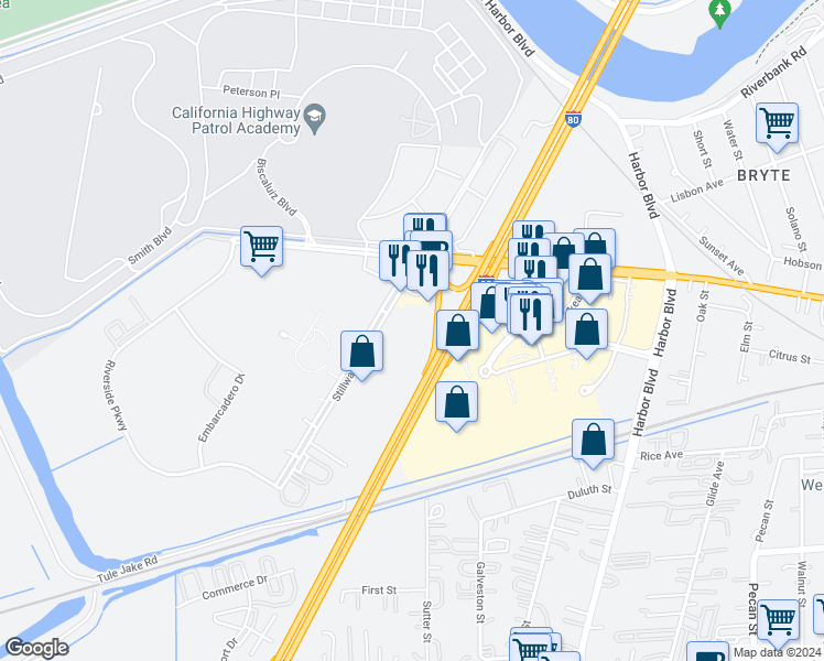 map of restaurants, bars, coffee shops, grocery stores, and more near 775 Stillwater Road in West Sacramento