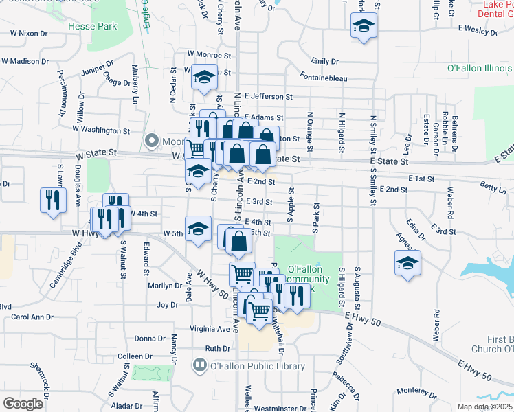 map of restaurants, bars, coffee shops, grocery stores, and more near 203 South Vine Street in O'Fallon