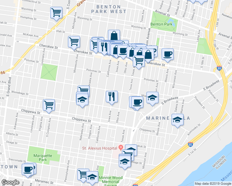 map of restaurants, bars, coffee shops, grocery stores, and more near 3546 Iowa Avenue in St. Louis