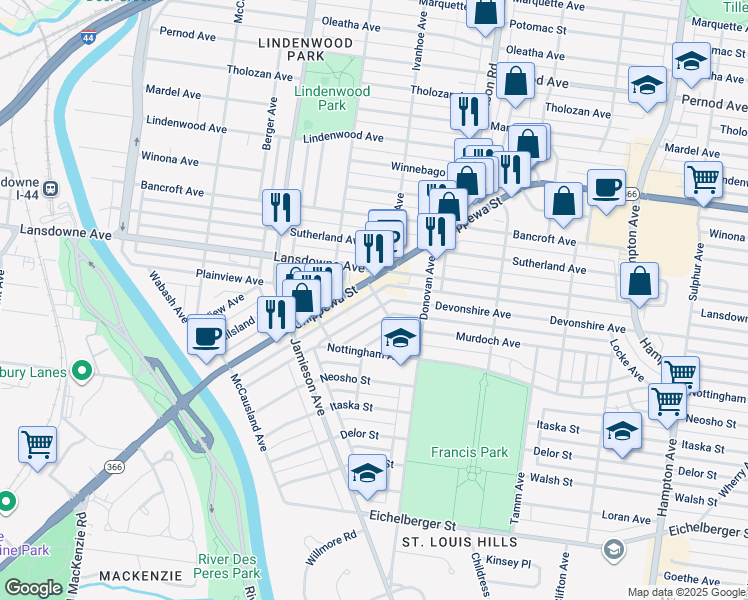 map of restaurants, bars, coffee shops, grocery stores, and more near in St. Louis