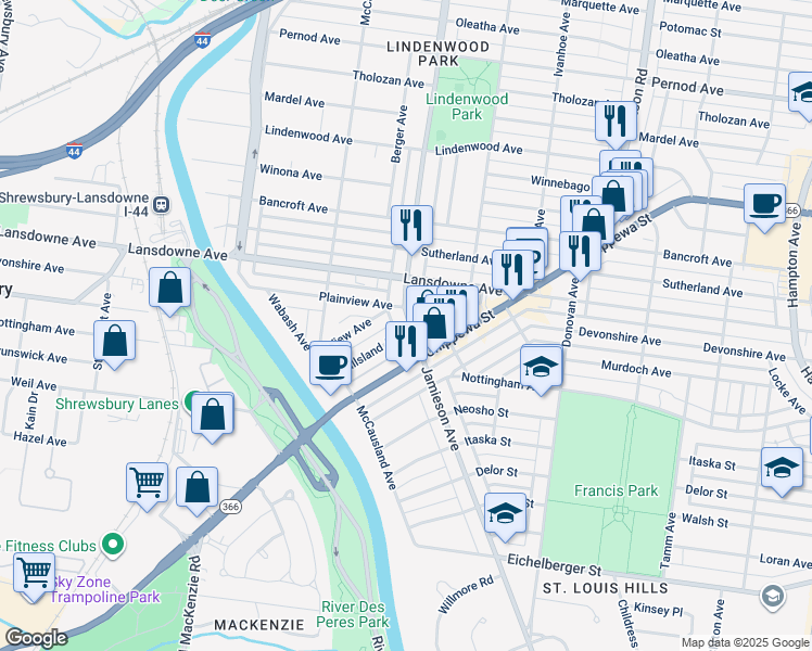 map of restaurants, bars, coffee shops, grocery stores, and more near 5919 Plainview Avenue in St. Louis