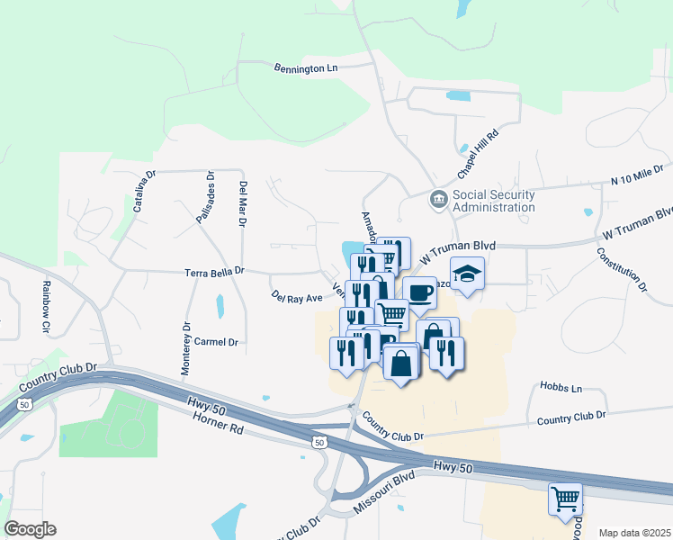 map of restaurants, bars, coffee shops, grocery stores, and more near 103 North Ventura Avenue in Jefferson City