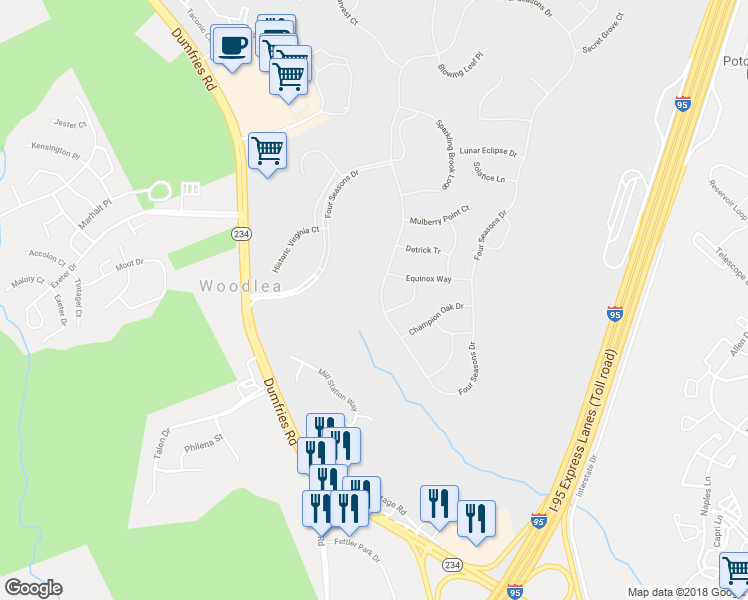 map of restaurants, bars, coffee shops, grocery stores, and more near 17597 Four Seasons Drive in Dumfries