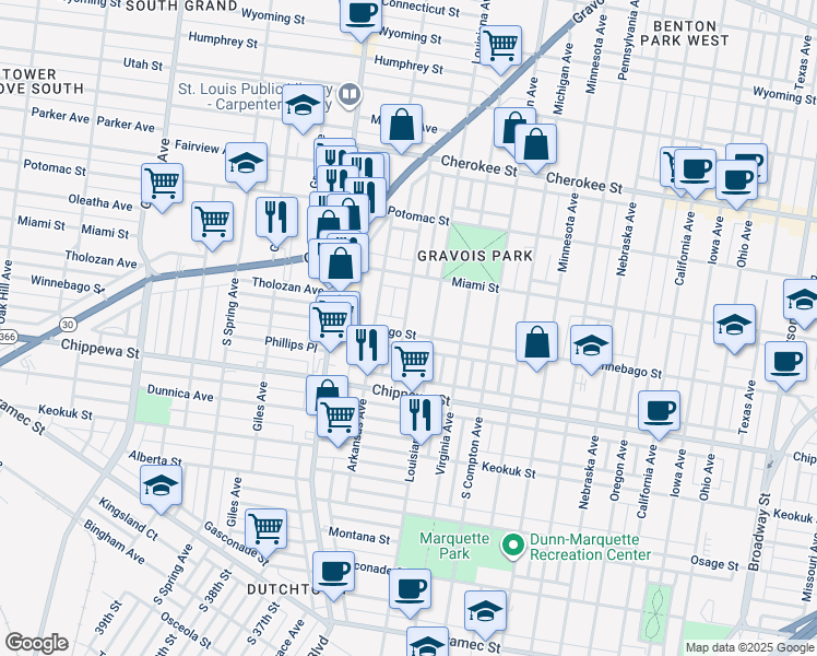 map of restaurants, bars, coffee shops, grocery stores, and more near 3425 Winnebago Street in St. Louis