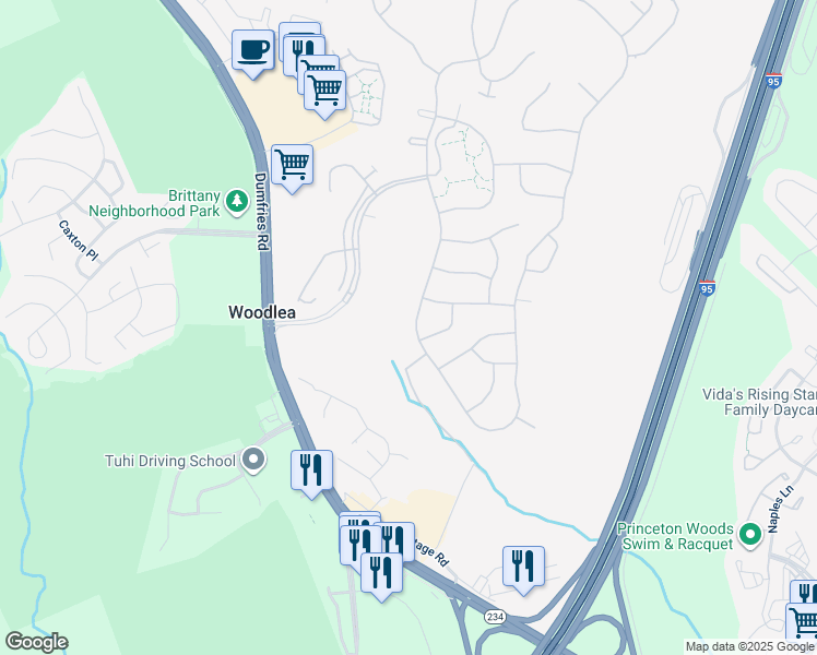 map of restaurants, bars, coffee shops, grocery stores, and more near 17597 Four Seasons Drive in Dumfries