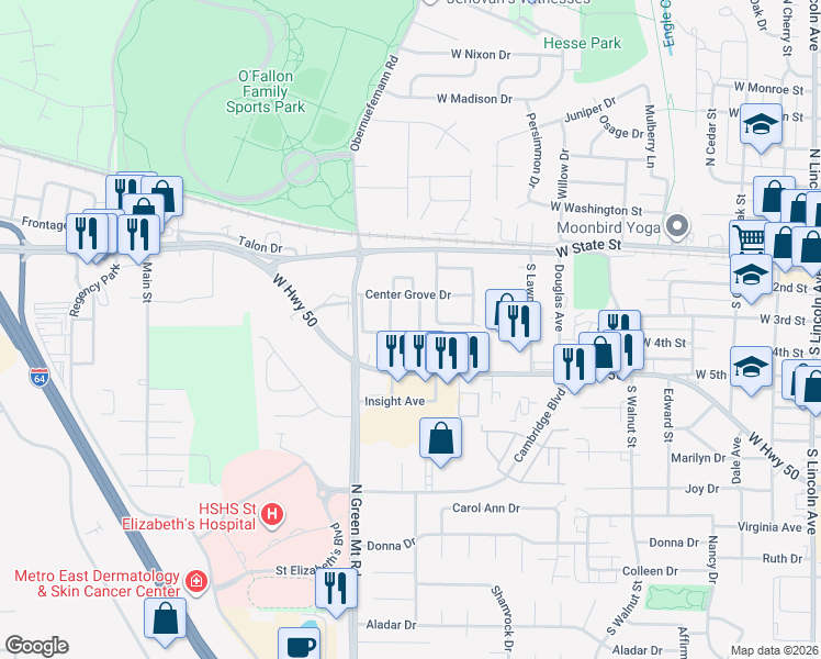 map of restaurants, bars, coffee shops, grocery stores, and more near 307 Eagle Ridge in O'Fallon