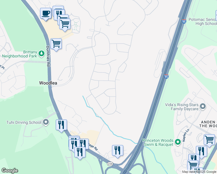 map of restaurants, bars, coffee shops, grocery stores, and more near 3845 Champion Oak Drive in Dumfries