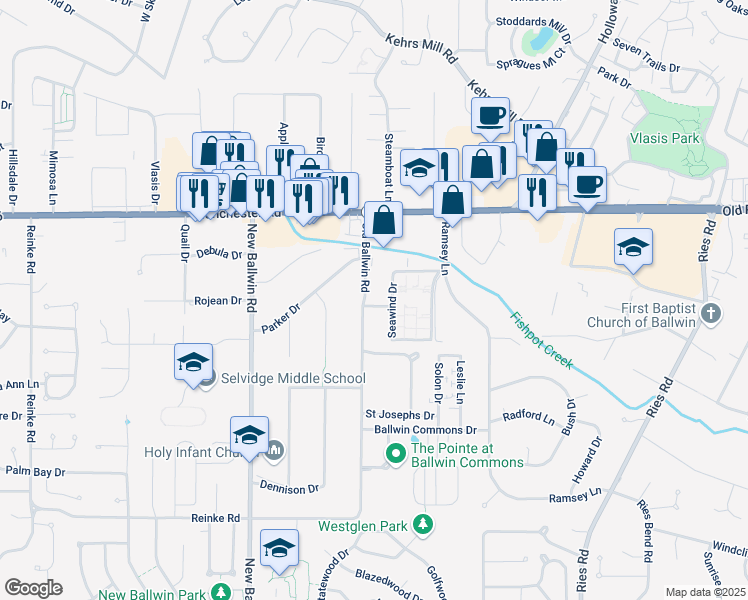 map of restaurants, bars, coffee shops, grocery stores, and more near 130 Old Ballwin Road in Ballwin