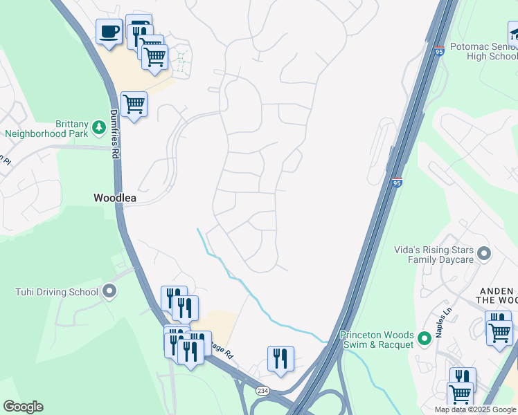 map of restaurants, bars, coffee shops, grocery stores, and more near 3845 Champion Oak Drive in Dumfries