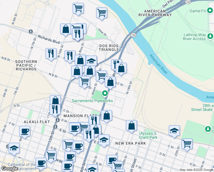 map of restaurants, bars, coffee shops, grocery stores, and more near 1527 North C Street in Sacramento