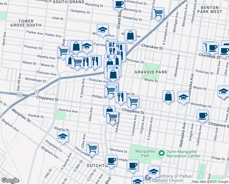 map of restaurants, bars, coffee shops, grocery stores, and more near 3647 Arkansas Avenue in St. Louis