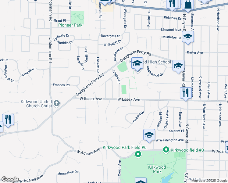 map of restaurants, bars, coffee shops, grocery stores, and more near 622 Beethoven Drive in Kirkwood