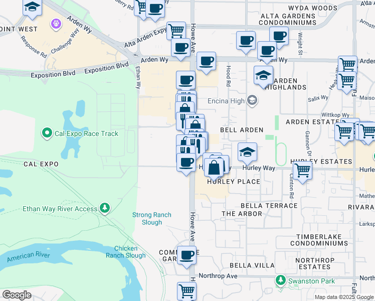 map of restaurants, bars, coffee shops, grocery stores, and more near 1337 Howe Avenue in Sacramento