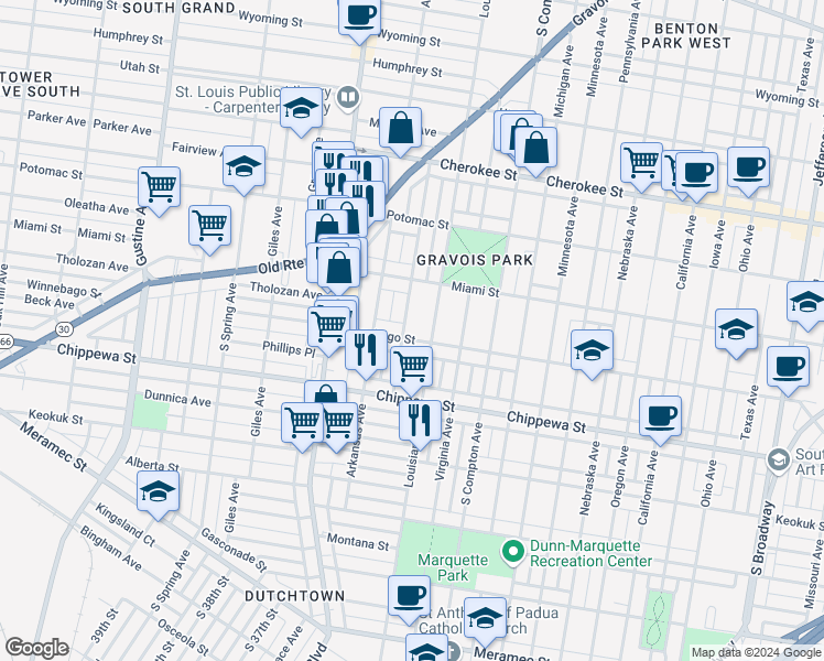 map of restaurants, bars, coffee shops, grocery stores, and more near 3639 Tennessee Avenue in St. Louis