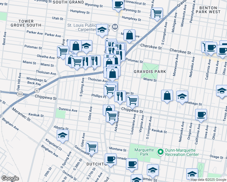 map of restaurants, bars, coffee shops, grocery stores, and more near 3647 Arkansas Avenue in St. Louis