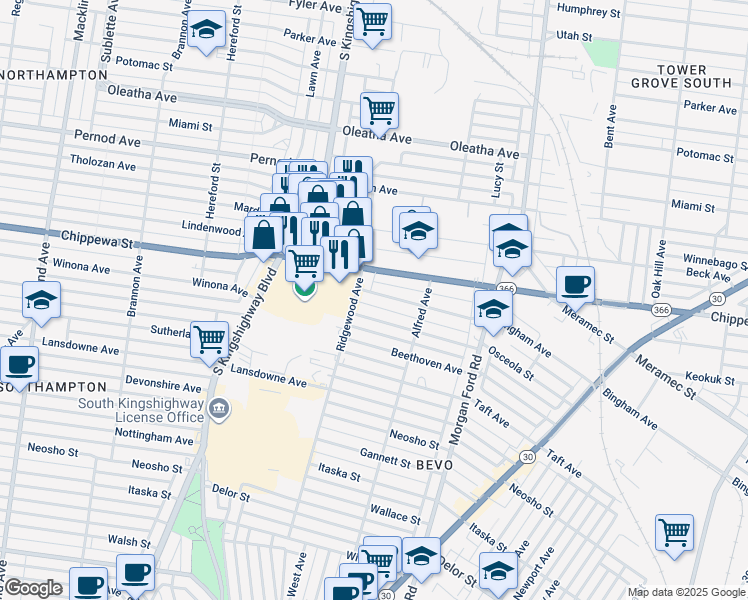 map of restaurants, bars, coffee shops, grocery stores, and more near in St. Louis