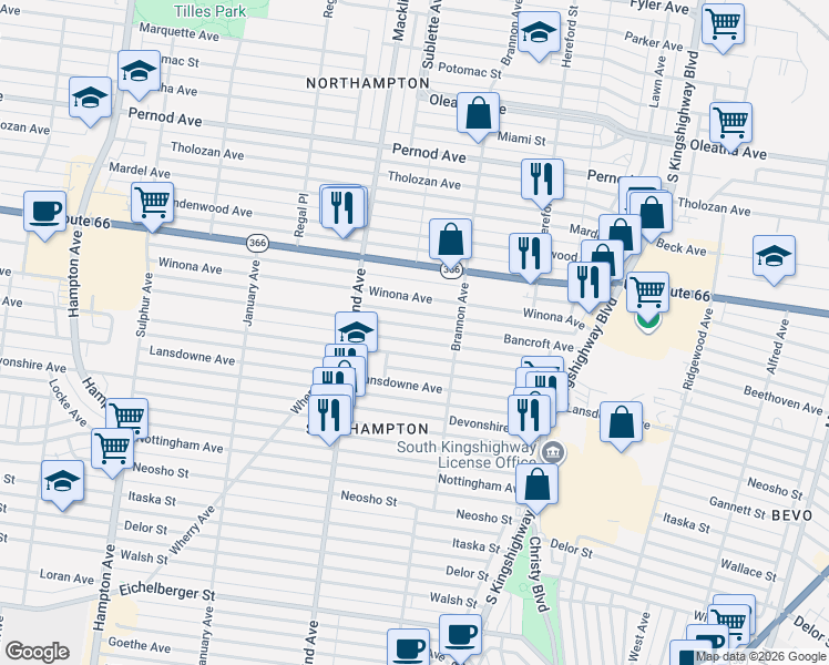 map of restaurants, bars, coffee shops, grocery stores, and more near 5311 Bancroft Avenue in St. Louis