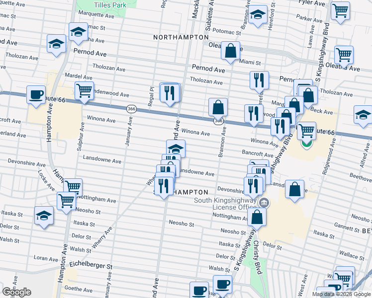 map of restaurants, bars, coffee shops, grocery stores, and more near 5311 Bancroft Avenue in St. Louis