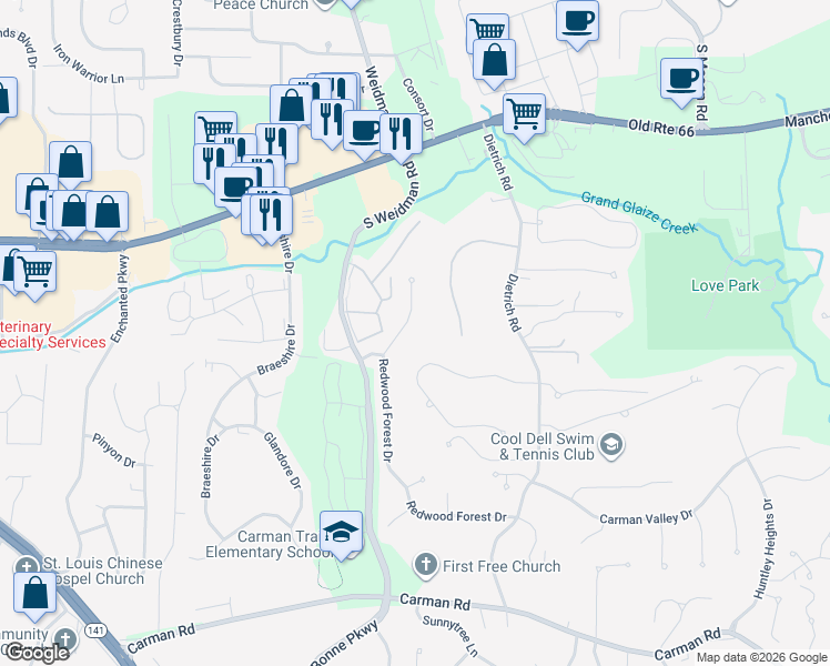 map of restaurants, bars, coffee shops, grocery stores, and more near 324 Redwood Forest Court in Ballwin