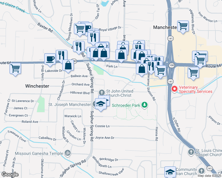 map of restaurants, bars, coffee shops, grocery stores, and more near 704 Grand Glen Drive in Ballwin