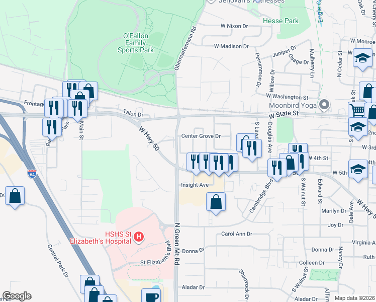 map of restaurants, bars, coffee shops, grocery stores, and more near 221 Eagle Ridge in O'Fallon