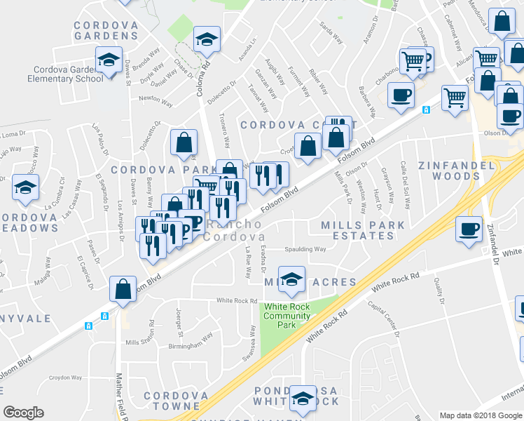 map of restaurants, bars, coffee shops, grocery stores, and more near 10428 Folsom Boulevard in Rancho Cordova