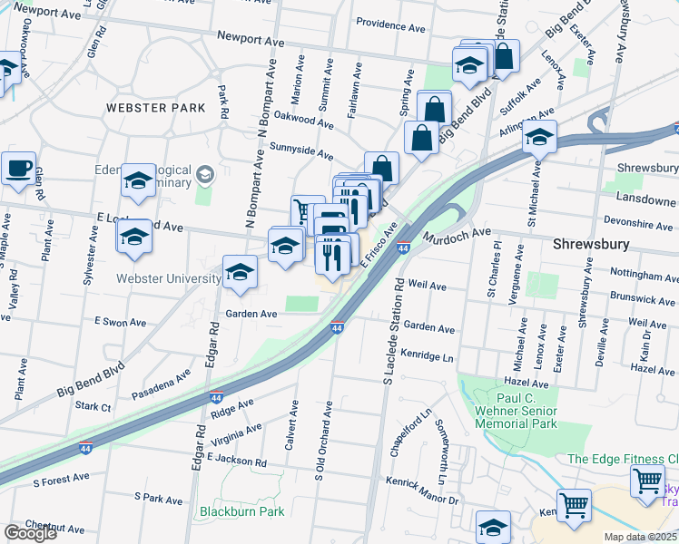 map of restaurants, bars, coffee shops, grocery stores, and more near 23 South Old Orchard Avenue in Webster Groves