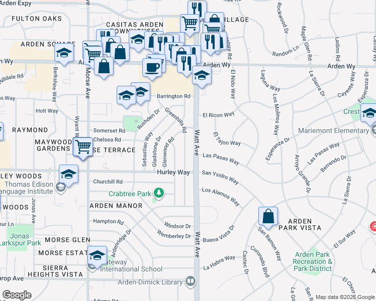 map of restaurants, bars, coffee shops, grocery stores, and more near 1401 Watt Avenue in Sacramento