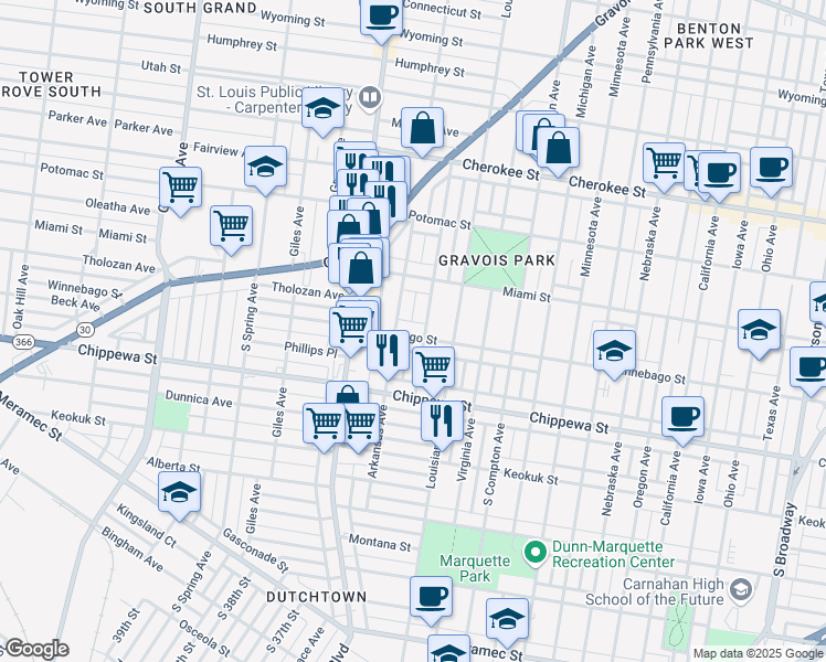 map of restaurants, bars, coffee shops, grocery stores, and more near 3441 Winnebago Street in St. Louis