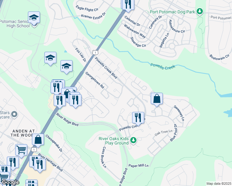 map of restaurants, bars, coffee shops, grocery stores, and more near 16632 Galt Court in Woodbridge