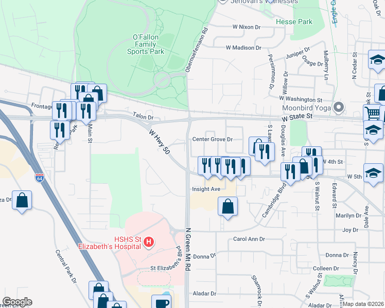 map of restaurants, bars, coffee shops, grocery stores, and more near 221 Eagle Ridge in O'Fallon