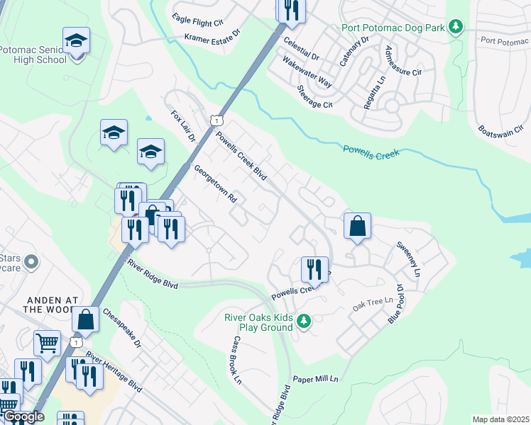 map of restaurants, bars, coffee shops, grocery stores, and more near 16632 Galt Court in Woodbridge