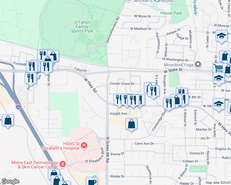 map of restaurants, bars, coffee shops, grocery stores, and more near 221 Eagle Ridge in O'Fallon