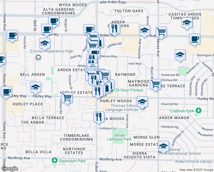 map of restaurants, bars, coffee shops, grocery stores, and more near 1320 Fulton Avenue in Sacramento