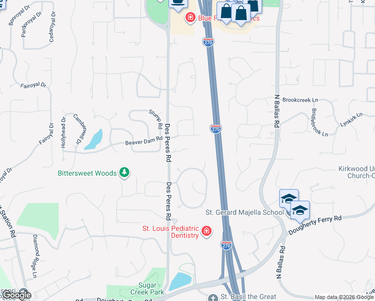 map of restaurants, bars, coffee shops, grocery stores, and more near 740 Des Peres Road in Des Peres