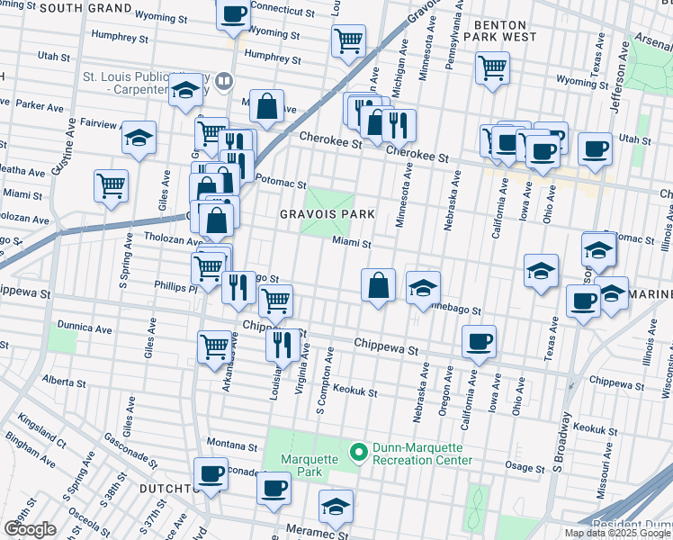map of restaurants, bars, coffee shops, grocery stores, and more near 3622 Virginia Avenue in St. Louis