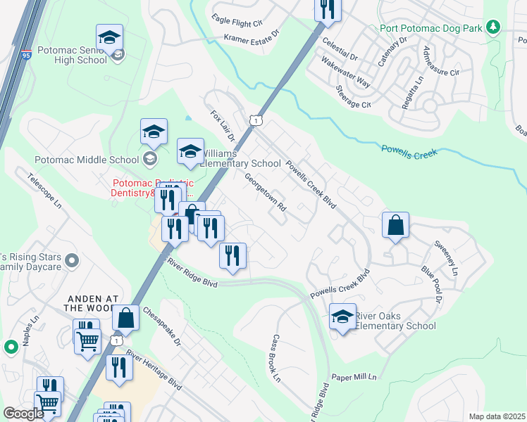 map of restaurants, bars, coffee shops, grocery stores, and more near 2918 Wetherburn Court in Woodbridge