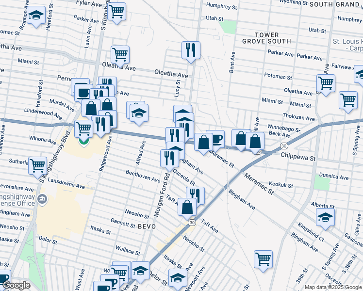 map of restaurants, bars, coffee shops, grocery stores, and more near 3706 Morgan Ford Road in St. Louis