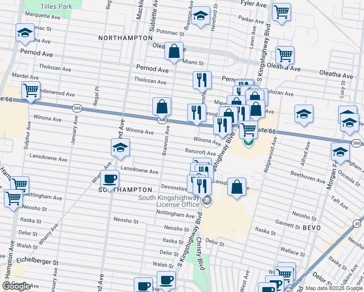 map of restaurants, bars, coffee shops, grocery stores, and more near 5014 Winona Avenue in St. Louis