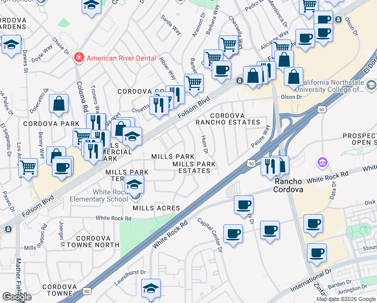 map of restaurants, bars, coffee shops, grocery stores, and more near 10556 Mills Tower Drive in Rancho Cordova