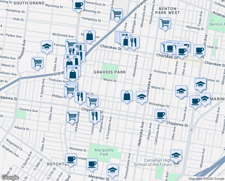 map of restaurants, bars, coffee shops, grocery stores, and more near 3622 Virginia Avenue in St. Louis