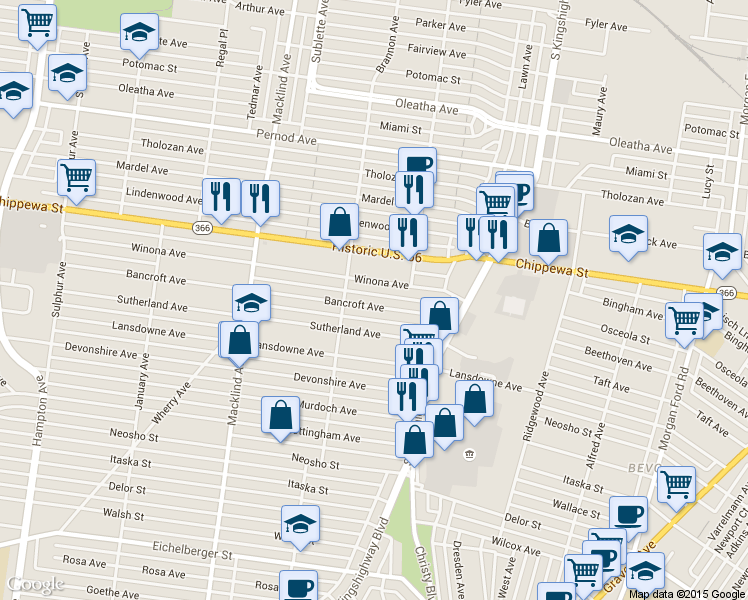 map of restaurants, bars, coffee shops, grocery stores, and more near 5050 Winona Avenue in St. Louis