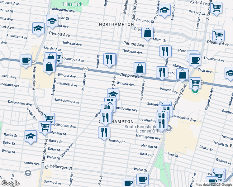 map of restaurants, bars, coffee shops, grocery stores, and more near 5353 Bancroft Avenue in St. Louis