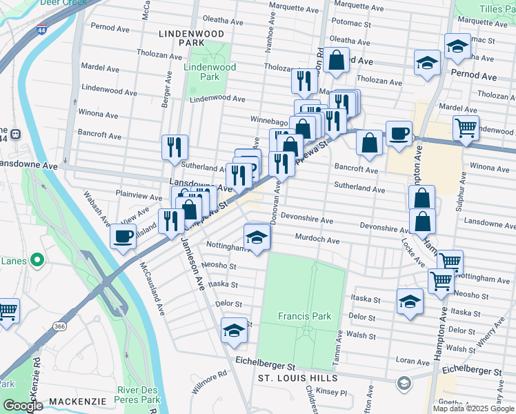 map of restaurants, bars, coffee shops, grocery stores, and more near 6526 Lansdowne Avenue in St. Louis