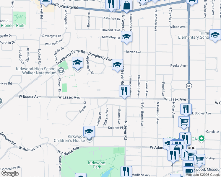 map of restaurants, bars, coffee shops, grocery stores, and more near 520 West Jewel Avenue in Kirkwood