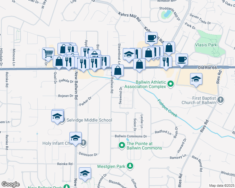 map of restaurants, bars, coffee shops, grocery stores, and more near 124 Old Ballwin Road in Ballwin