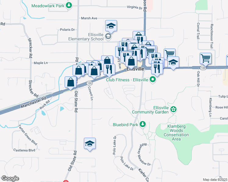 map of restaurants, bars, coffee shops, grocery stores, and more near 15970 Manchester Road in Ellisville