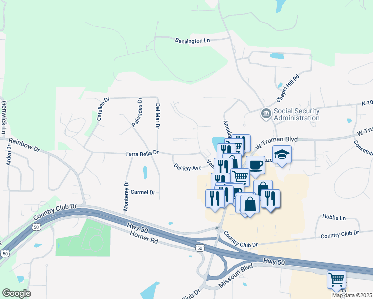 map of restaurants, bars, coffee shops, grocery stores, and more near 102 Ventura Ave in Jefferson City