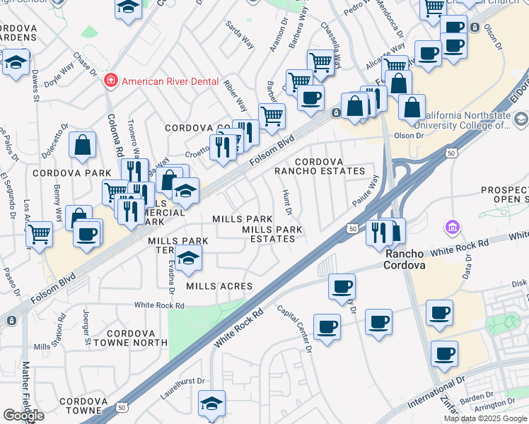 map of restaurants, bars, coffee shops, grocery stores, and more near 10556 Mills Tower Drive in Rancho Cordova